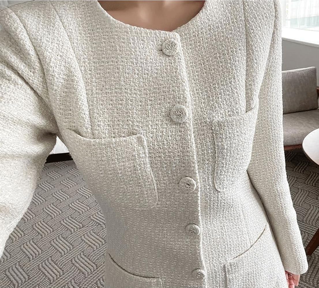 Sharp lapel jacket layered tweed dress ワンピース utcoco Women's 2025 Fall Plaid Tweed Dress Notched Lapel